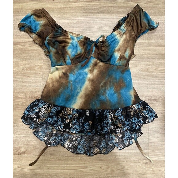 Vtg Fairy Tie Dye 90s y2k floral Babydoll Ruffle Trim Boho Off Shoulder Top 1X - Picture 1 of 8